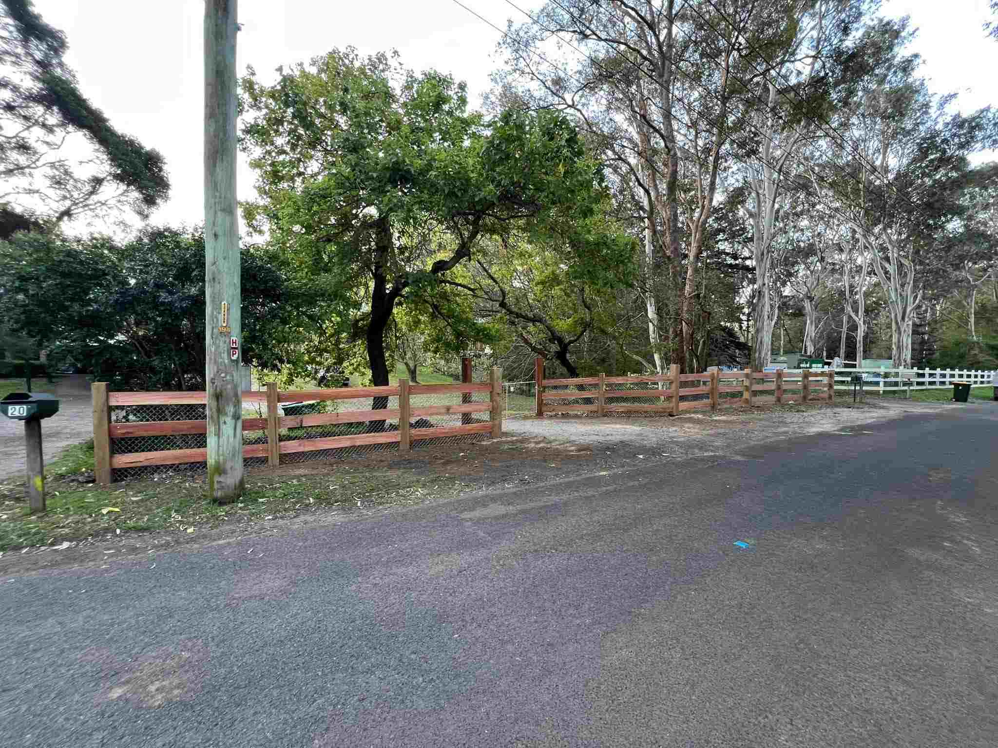 Timber post-and-rail fence along a tree-lined road